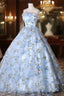 Blue Tulle Lace Long Formal Prom Dresses, Ball Gown Blue Sweet 16 Dresses