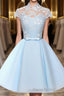 Blue tulle lace short Formal Prom dress, blue tulle lace homecoming dress