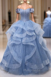 Blue Tulle Layers Long Formal Prom Gown, A-Line Blue Evening Dresses