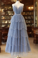 Blue Tulle Layers Straps Beaded Long Formal Prom Dresses, Blue A-Line Formal Dresses