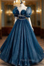 Blue Tulle Long A-Line Formal Prom Dresses, A-Line Short Sleeve Evening Dresses