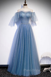 Blue Tulle Long A-Line Formal Prom Dresses, Off the Shoulder Evening Party Dresses