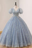 Blue Tulle Long A-Line Formal Prom Dresses, V-Neck Short Sleeve Evening Dresses