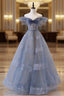 Blue Tulle Long A-Line Formal Prom Dresses
