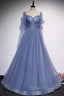 Blue Tulle Long Sleeve Formal Prom Dresses, A-Line Blue Evening Party Dresses