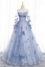 Blue Tulle Long Sleeves Formal Dresses with Flowers, Blue A-Line Formal Prom Dresses