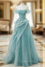 Blue Tulle Off Shoulder Beaded Lace Long Formal Prom Dresses, Blue Formal Dresses