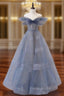 Blue Tulle Off Shoulder Long Formal Prom Dresses, Blue A line Evening Dresses