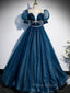 Blue Tulle Off Shoulder Long Formal Prom Dresses, Blue Tulle Formal Dresses