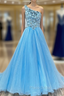 Blue Tulle One Shoulder Sequins Crystal Formal Prom Dresses