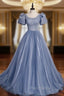 Blue Tulle Puff Sleeve Pearls Formal Prom Dresses