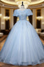 Blue Tulle Puff Sleeve Sequins Quinceanera Dresses