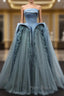 Blue Tulle Satin Strapless Formal Prom Dresses