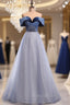 Blue Tulle Sequins Beading Off the Shoulder Formal Prom Dresses
