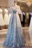 Blue Tulle Sequins Beading Formal Prom Dresses