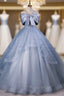 Blue Tulle Sequins Bow Quinceanera Dresses