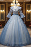 Blue Tulle Sequins Embroidery Short Sleeve Quinceanera Dresses