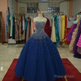 Blue Tulle Sequins Long Ball Gown Formal Dress, Sparkle Blue Quinceanera Dress