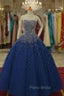 Blue Tulle Sequins Long Ball Gown Formal Dresses, Sparkle Blue Quinceanera Dresses