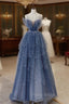 Blue Tulle Sequins Long Formal Prom Gown, Blue Spaghetti Straps Formal Evening Dresses
