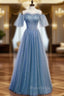 Blue Tulle Sequins Off the Shoulder Beading Pleats Formal Prom Dresses