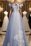 Blue Tulle Sequins Off the Shoulder Bow Pearls Formal Prom Dresses