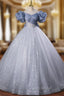 Blue Tulle Sequins Off the Shoulder Bow Quinceanera Dresses