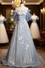 Blue Tulle Sequins Off the Shoulder Lace Flower Formal Prom Dresses