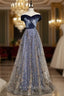 Blue Tulle Sequins Off the Shoulder Formal Prom Dresses