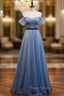 Blue Tulle Sequins Pearls Pleats Formal Prom Dresses