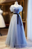 Blue Tulle Sequins Pleats Beading Formal Prom Dresses With Belt