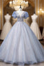 Blue Tulle Sequins See Through V-neck Puff Sleeve Beading Quinceanera Dresses