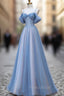 Blue Tulle Sequins Spahetti Straps Formal Prom Dresses