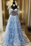Blue Tulle Sequins Straples Formal Prom Dresses