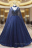 Blue Tulle Sequins V-neck Beading Formal Prom Dresses