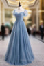Blue Tulle Short Sleeve Scoop Neck Formal Prom Dresses