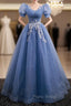 Blue Tulle Short Sleeve Sequins Formal Prom Dresses