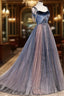 Blue Tulle Spaghetti Strap Long Formal Prom Dresses, A-Line Lace-Up Evening Dresses
