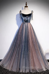 Blue Tulle Spaghetti Strap Long Formal Prom Dresses, A-Line Lace-Up Evening Dresses
