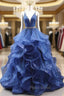 Blue Tulle Spaghetti Straps Beaded Formal Prom Dresses