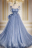 Blue Tulle Spaghetti Straps Flower Bow Formal Prom Dresses
