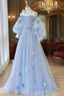 Blue Tulle Strapless Long Sleeve Flower Formal Prom Dresses