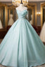 Blue Tulle Strapless Pleats Beading Formal Prom Dresses