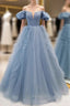 Blue Tulle Strapless Formal Prom Dresses With Detachable Sleeve