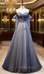 Blue Tulle Sweetheart Pleats Appliques Formal Prom Dresses