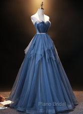 Blue Tulle Sweetheart Simple Pretty Floor Length Party Dresses, Blue A-line Evening Dresses Formal Prom Dresses