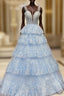 Blue Tulle Tiers Appliques Sequins Formal Prom Dresses