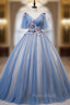 Blue Tulle V-neck Appliques Pleats Short Sleeve Quinceanera Dresses