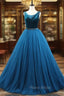 Blue Tulle Velvet Beading Formal Prom Dresses