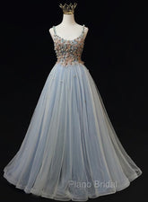 Blue Tulle with Flowers Straps Long Evening Dresses, Blue Formal Prom Party Dresses